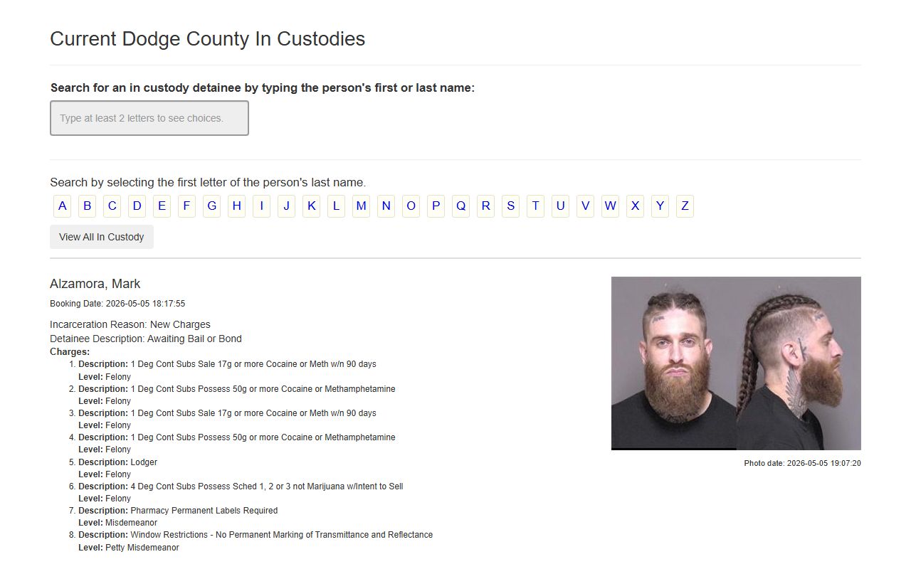 Dodge County inmate population current in-custody roster search