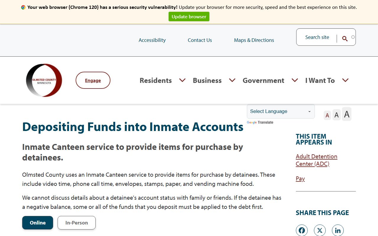 Olmsted County ADC Inmate Canteen deposit instructions